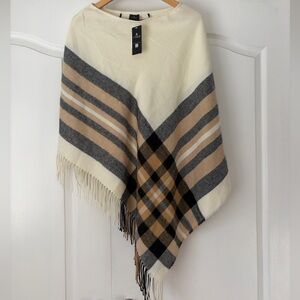 V Fraas Plaid Poncho Shawl Ivory Camel Black Fringe NWT One Size Wrap